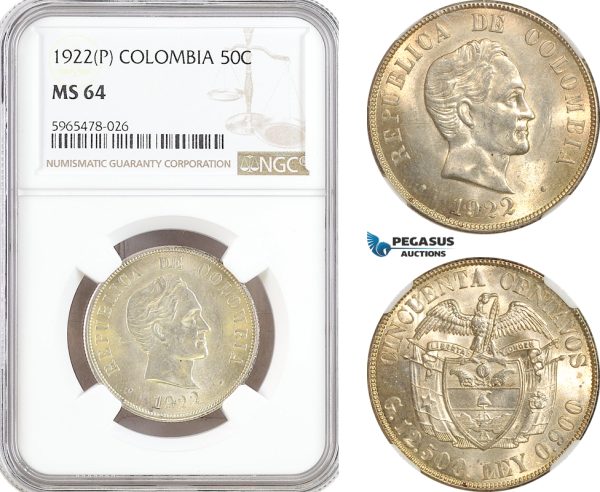 AH41, Colombia, 50 Centavos 1922 P, Philadelphia Mint, Silver, NGC MS64