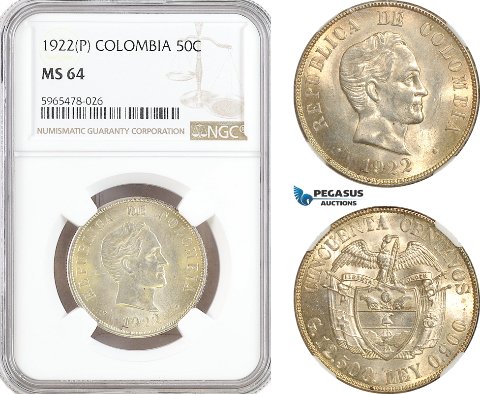 AH41, Colombia, 50 Centavos 1922 P, Philadelphia Mint, Silver, NGC MS64