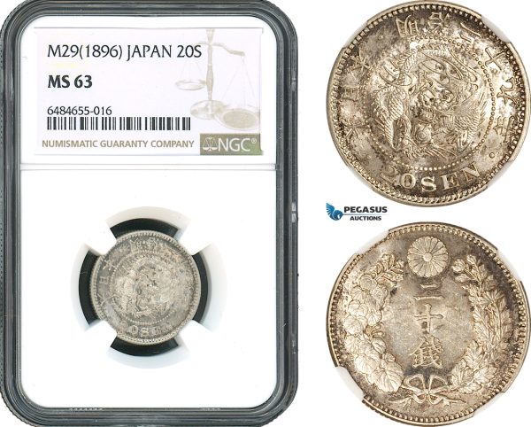 AH410, Japan, Meiji, 20 Sen M29 (1896) Silver, NGC MS63