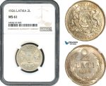 AH414, Latvia, 2 Lati 1926, London Mint, Silver, NGC MS61
