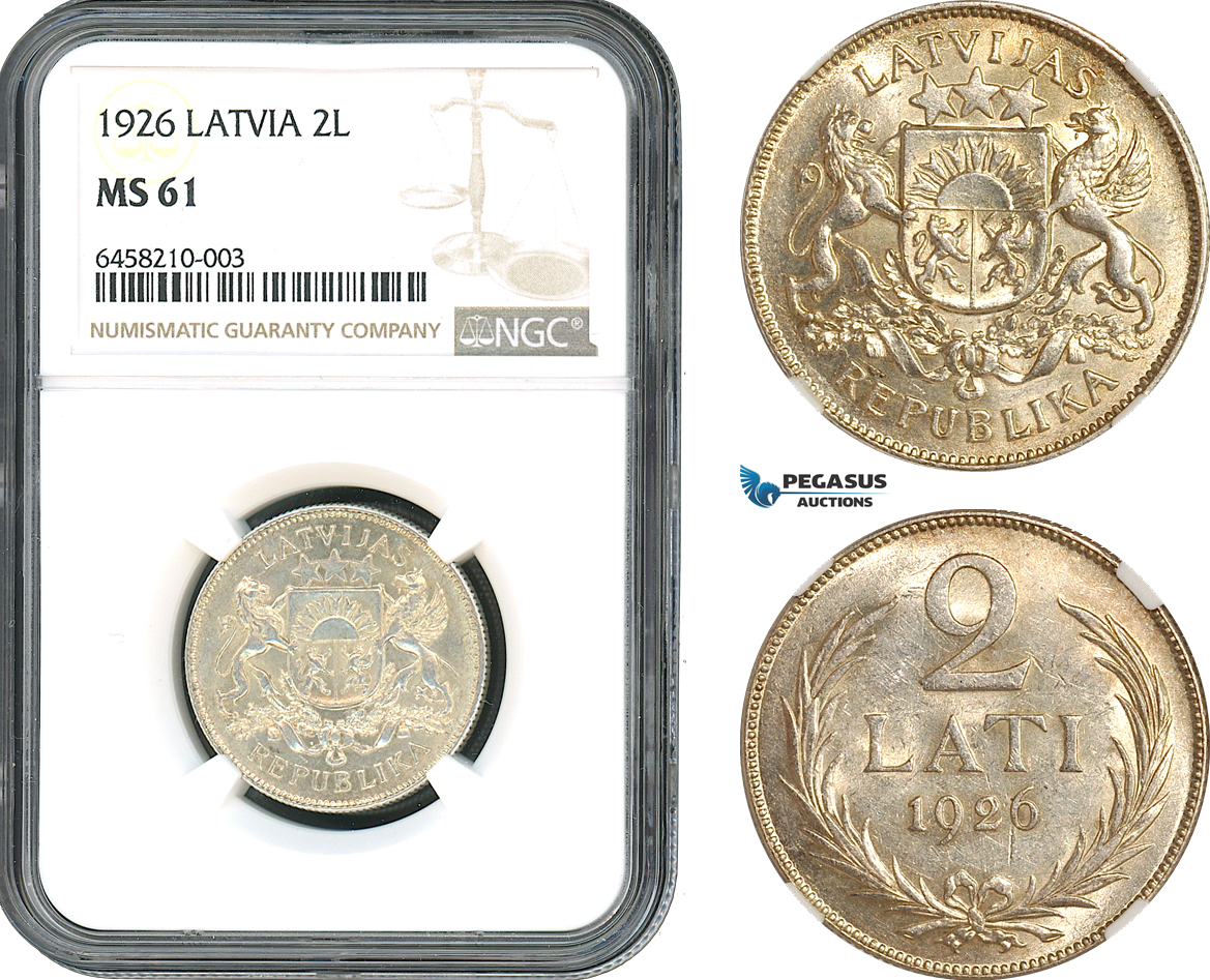 AH414, Latvia, 2 Lati 1926, London Mint, Silver, NGC MS61