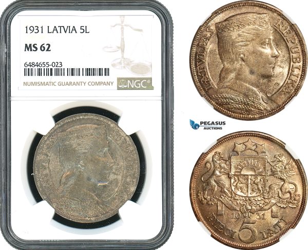 AH415, Latvia, 5 Lati 1931, Silver, NGC MS62