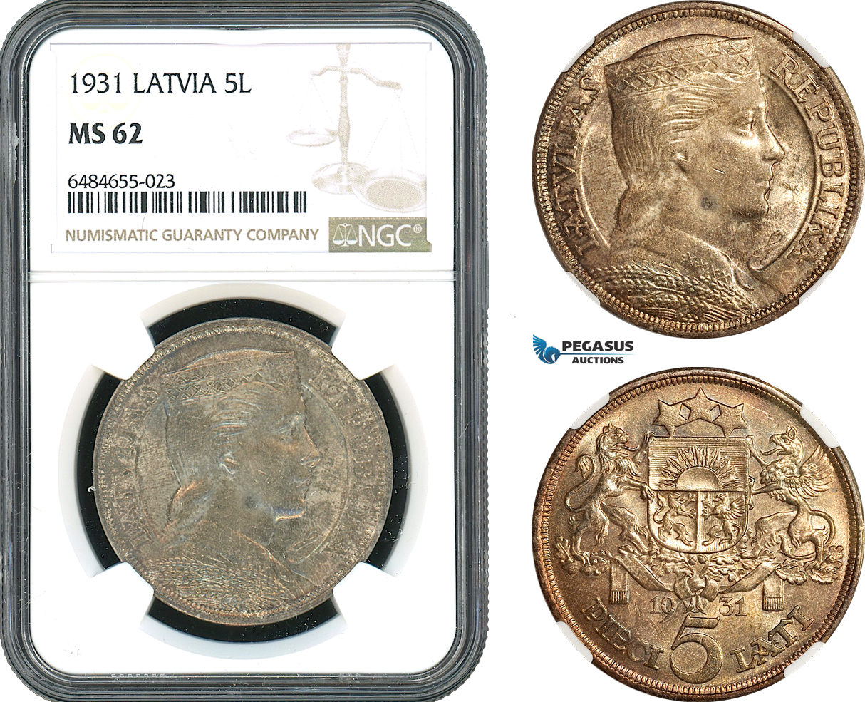 AH415, Latvia, 5 Lati 1931, Silver, NGC MS62