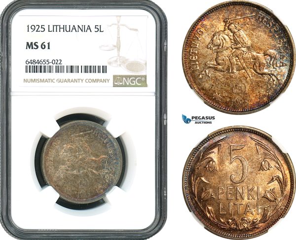 AH416, Lithuania, 5 Litai 1925, Silver, NGC MS61