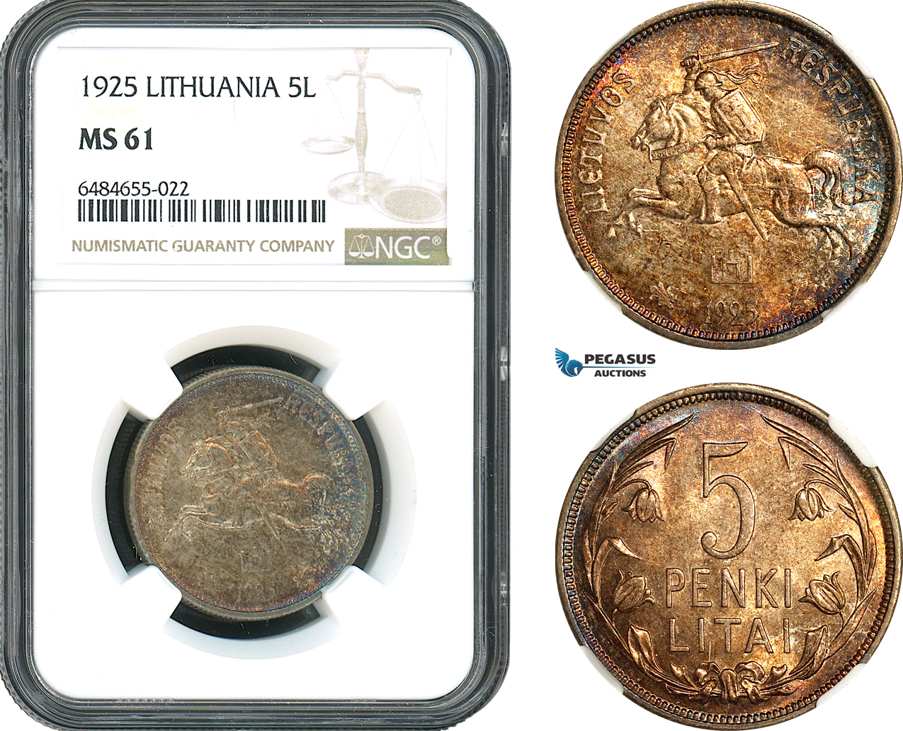 AH416, Lithuania, 5 Litai 1925, Silver, NGC MS61