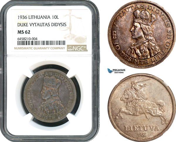 AH417, Lithuania, 10 Litu 1936, Duke Vytautas, Silver, NGC MS62