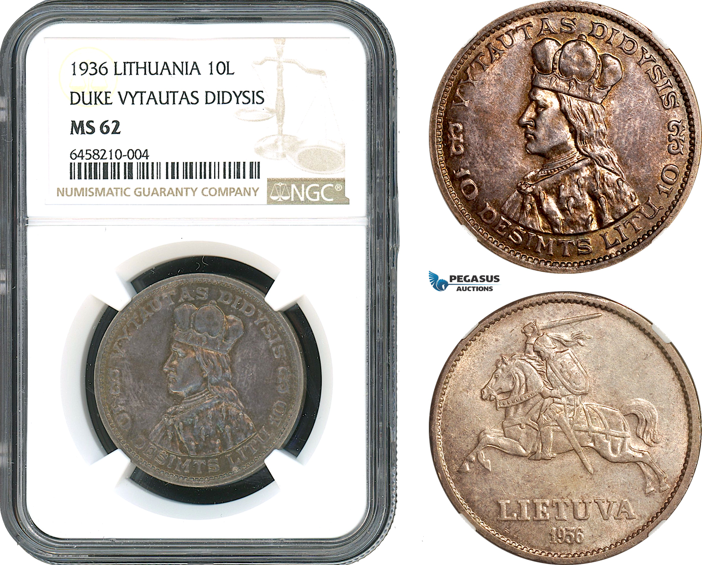 AH417, Lithuania, 10 Litu 1936, Duke Vytautas, Silver, NGC MS62