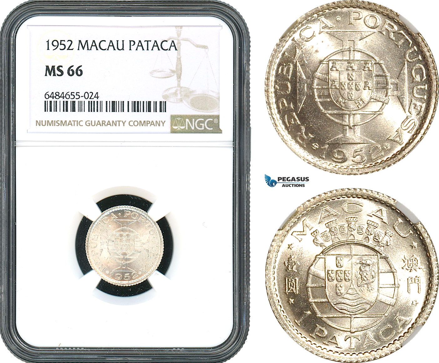 AH418, Macau (Portuguese Colony) 1 Pataca 1952, Silver, NGC MS66