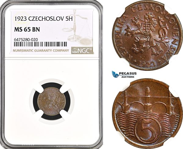 AH42, Czechoslovakia, 5 Haleru 1923, Kremnitz Mint, NGC MS65BN