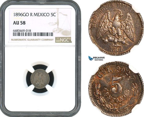 AH420, Mexico, 5 Centavos 1896 Go R, Guanajuato City Mint, Silver, NGC AU58