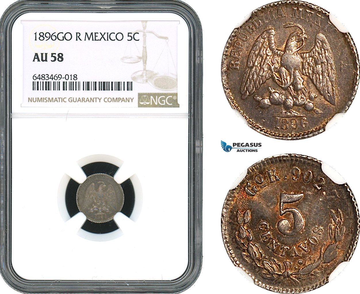 AH420, Mexico, 5 Centavos 1896 Go R, Guanajuato City Mint, Silver, NGC AU58