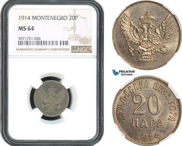 AH424, Montenegro, Nicholas I, 20 Para 1914, Vienna Mint, NGC MS64