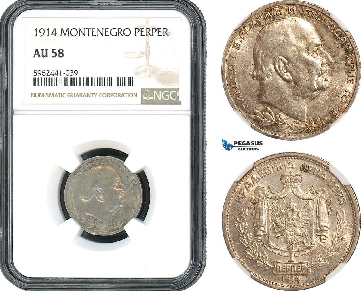 AH425, Montenegro, Nicholas I, 1 Perper 1914, Vienna Mint, Silver, NGC AU58