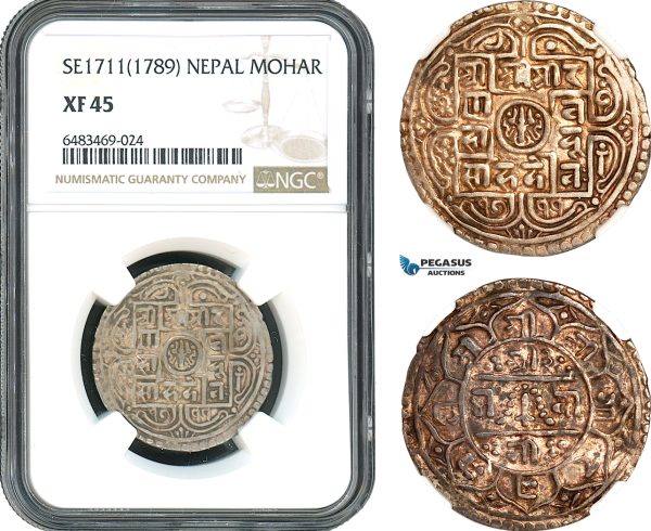 AH427, Nepal, Rana Bahadur, 1 Mohar 1711 (1789) Silver, NGC XF45