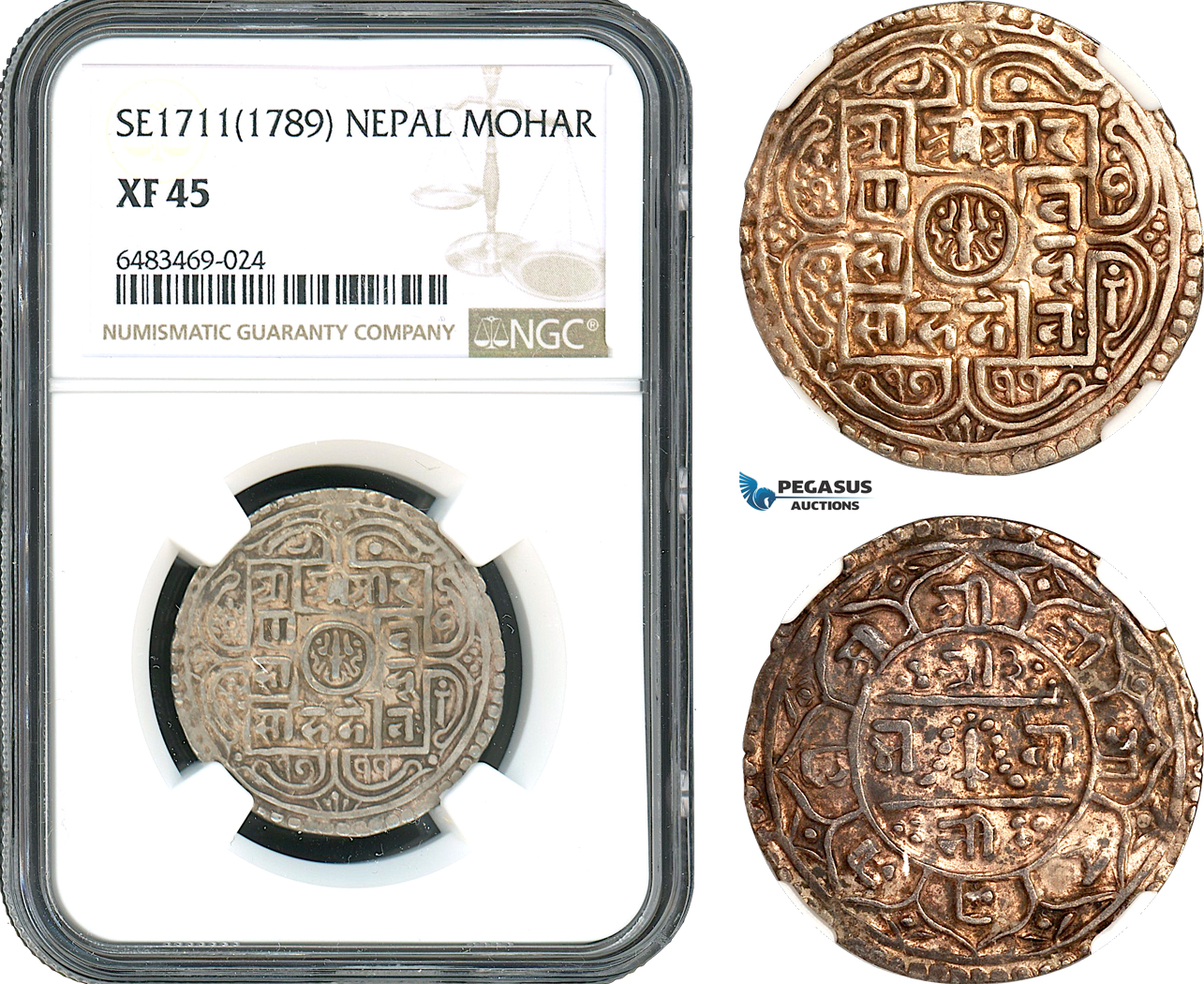 AH427, Nepal, Rana Bahadur, 1 Mohar 1711 (1789) Silver, NGC XF45