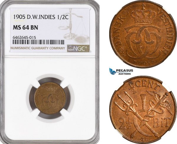 AH43, Danish West Indies, Christian IX, 2 1/2 Bit / 1/2 Cent 1905, Copenhagen Mint, NGC MS64BN