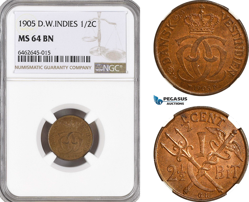 AH43, Danish West Indies, Christian IX, 2 1/2 Bit / 1/2 Cent 1905, Copenhagen Mint, NGC MS64BN