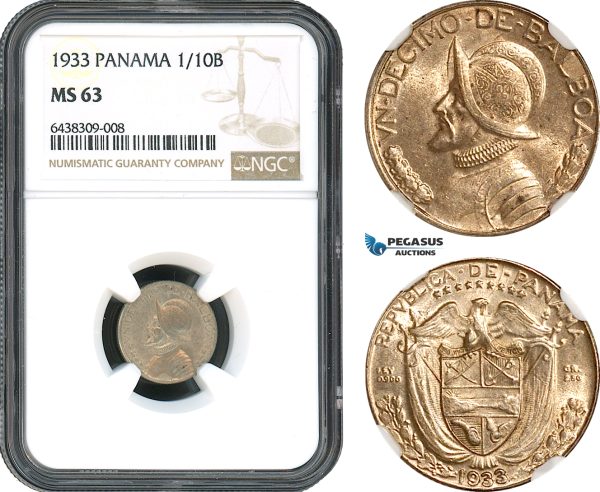 AH433, Panama, 1/10 Balboa 1933, Silver, NGC MS63