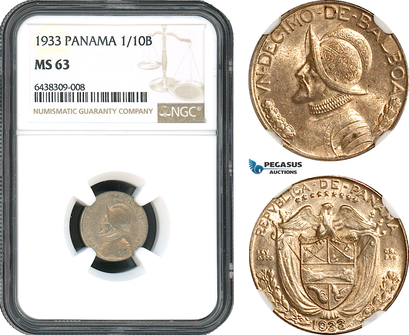 AH433, Panama, 1/10 Balboa 1933, Silver, NGC MS63