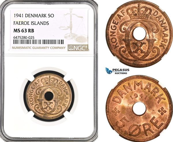 AH44, Faeroe Islands (Denmark) Christian X, 5 Øre 1941, Copenhagen Mint, NGC MS63RB