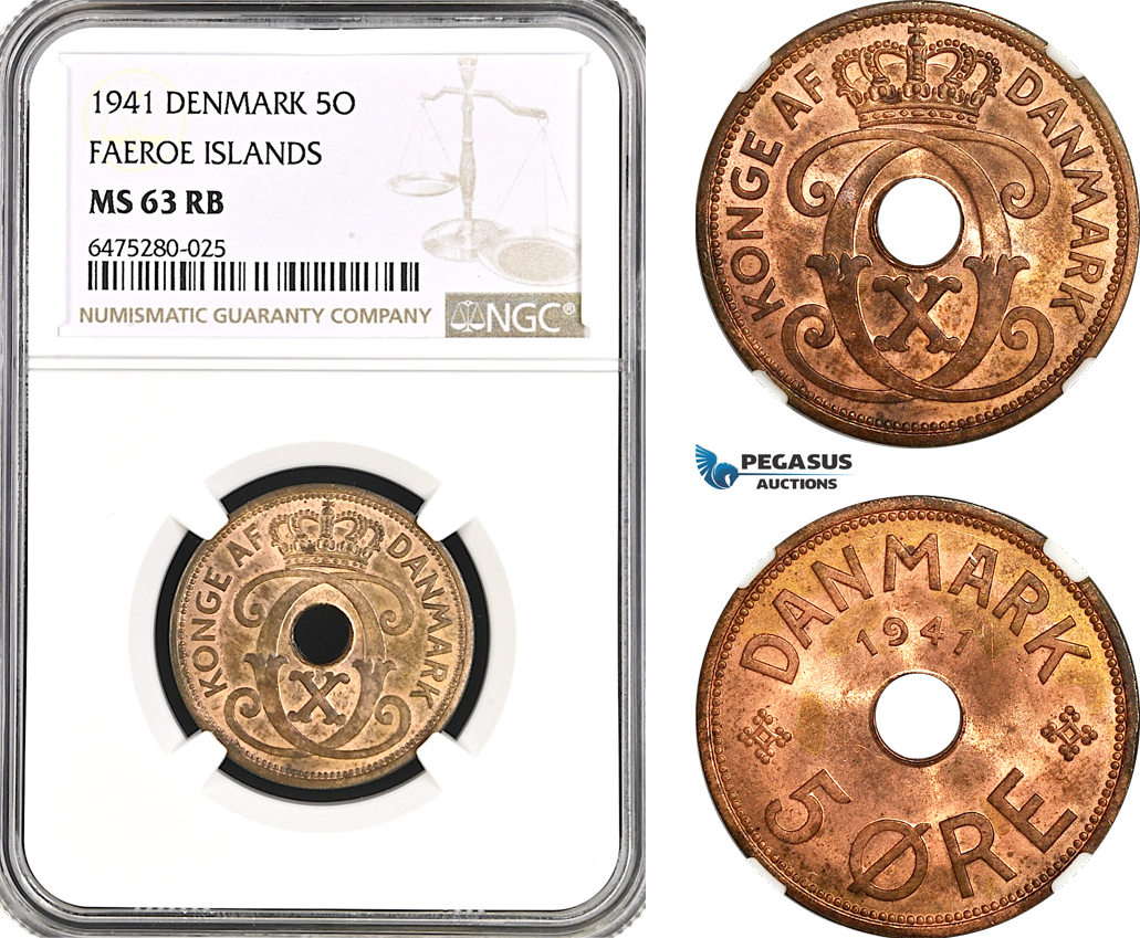 AH44, Faeroe Islands (Denmark) Christian X, 5 Øre 1941, Copenhagen Mint, NGC MS63RB