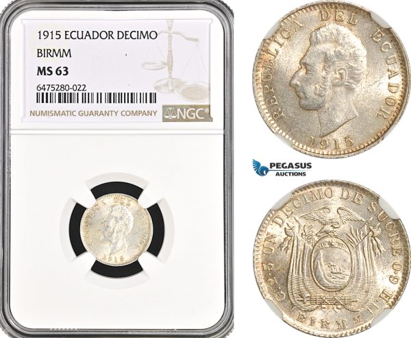 AH45, Ecuador, 1 Decimo de Sucre 1915, Birmingham Mint, Silver, NGC MS63