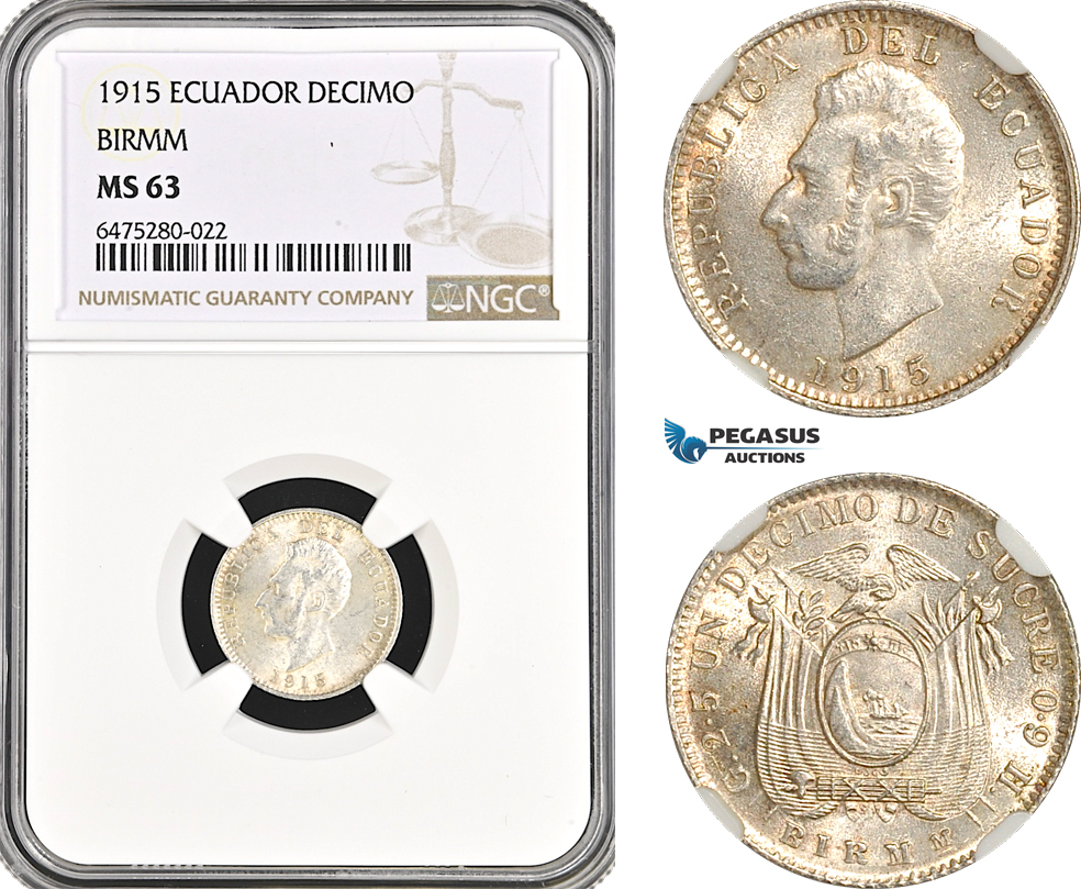 AH45, Ecuador, 1 Decimo de Sucre 1915, Birmingham Mint, Silver, NGC MS63