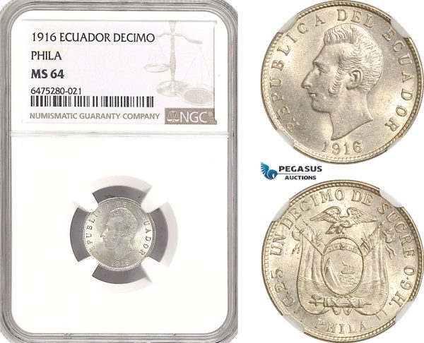 AH46, Ecuador, 1 Decimo de Sucre 1916, Philadelphia Mint, Silver, NGC MS64