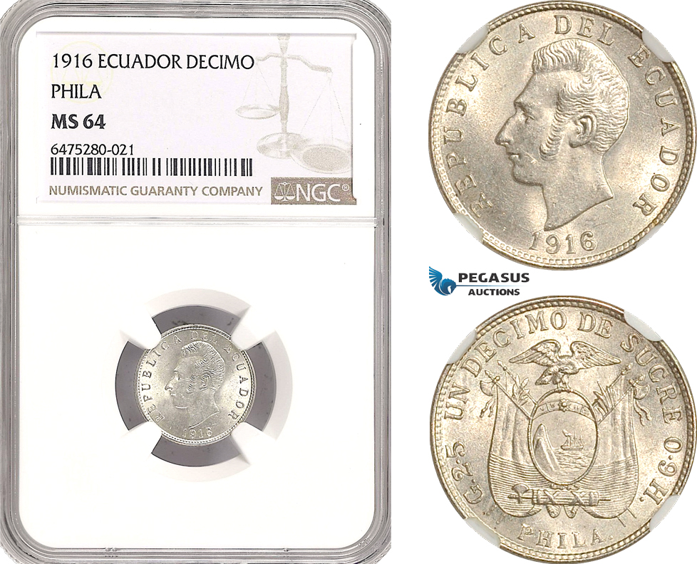 AH46, Ecuador, 1 Decimo de Sucre 1916, Philadelphia Mint, Silver, NGC MS64