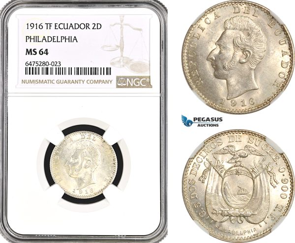 AH47, Ecuador, 2 Decimos de Sucre 1916 TF, Philadelphia Mint, Silver, NGC MS64
