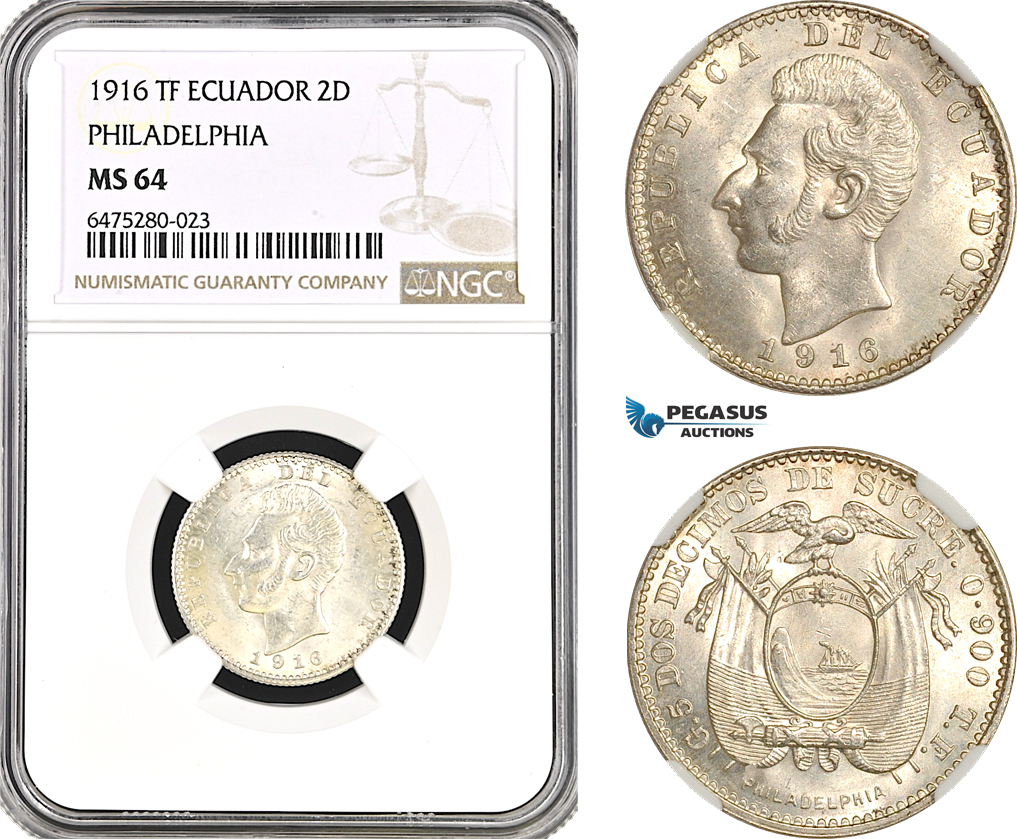 AH47, Ecuador, 2 Decimos de Sucre 1916 TF, Philadelphia Mint, Silver, NGC MS64