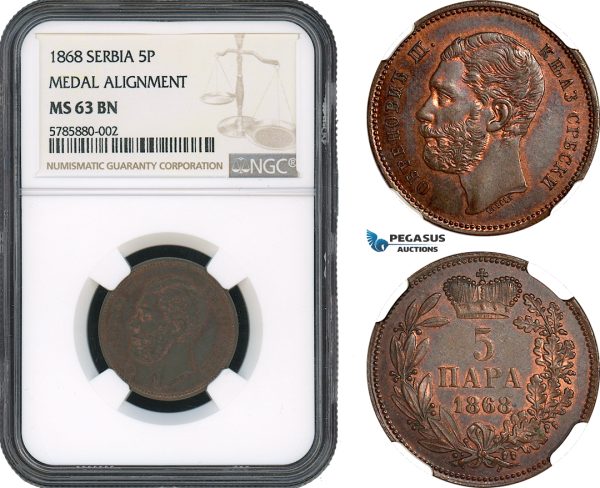 AH479, Serbia, M. Obrenovic III, 5 Para 1868, Medal Alignment, NGC MS63BN