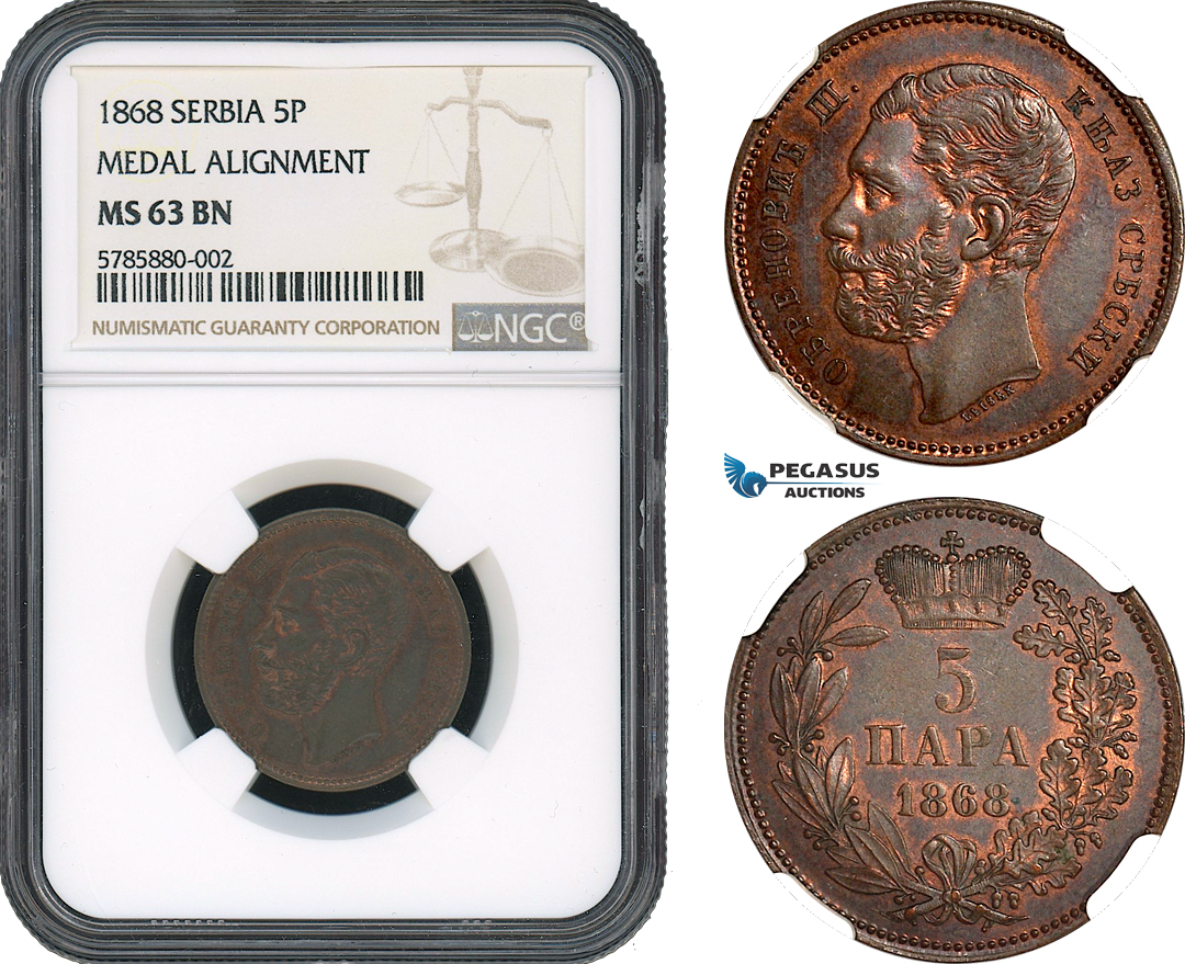 AH479, Serbia, M. Obrenovic III, 5 Para 1868, Medal Alignment, NGC MS63BN