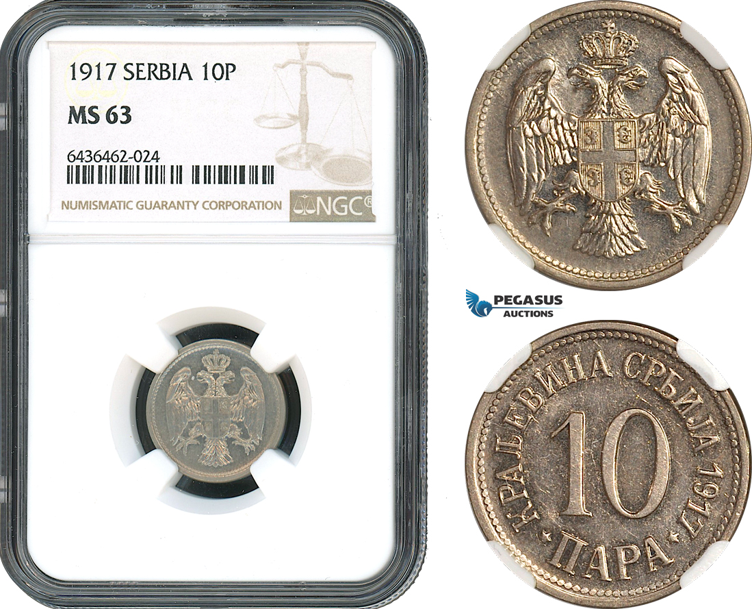 AH481, Serbia, Petar I, 10 Para 1917, NGC MS63