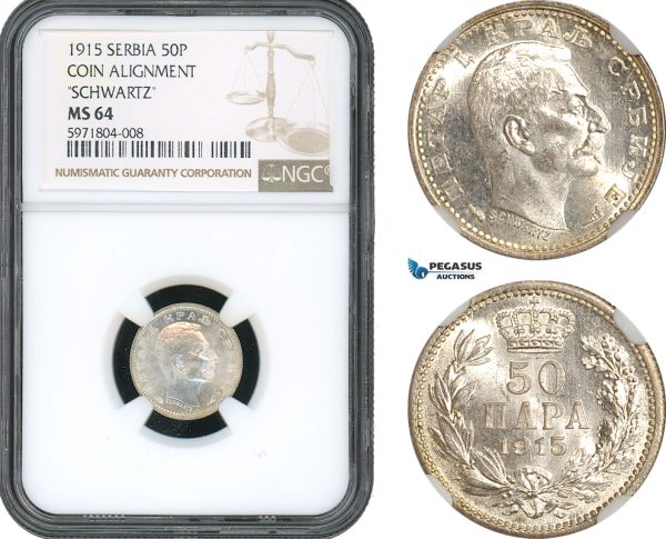 AH482, Serbia, Petar I, 50 Para 1915, Schwartz, Coin Alignment, Silver, NGC MS64