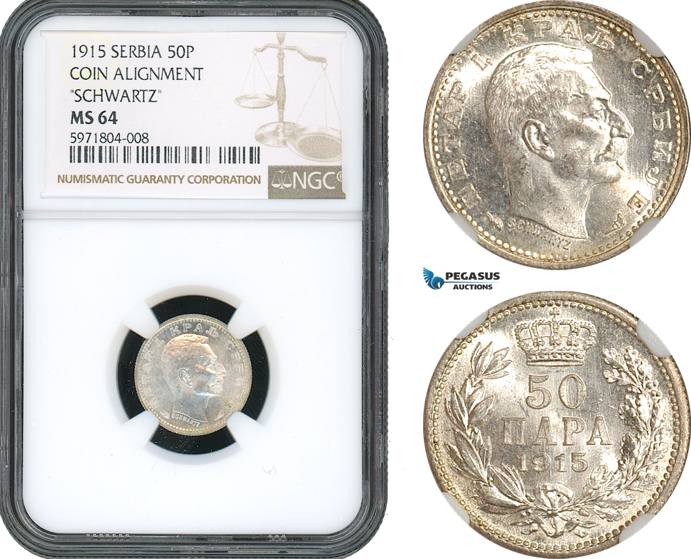 AH482, Serbia, Petar I, 50 Para 1915, Schwartz, Coin Alignment, Silver, NGC MS64