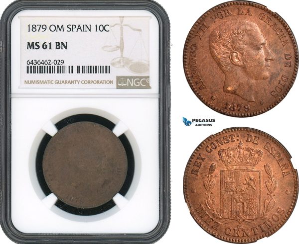 AH485, Spain, Alfonso XII, 10 Centimos 1879 OM, Barcelona Mint, NGC MS61BN