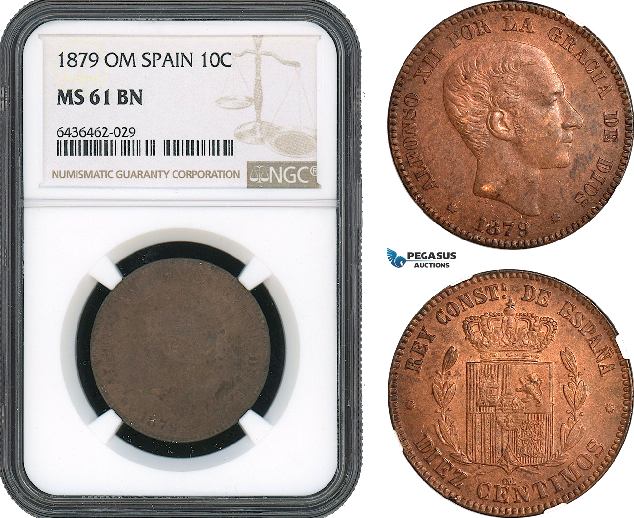 AH485, Spain, Alfonso XII, 10 Centimos 1879 OM, Barcelona Mint, NGC MS61BN