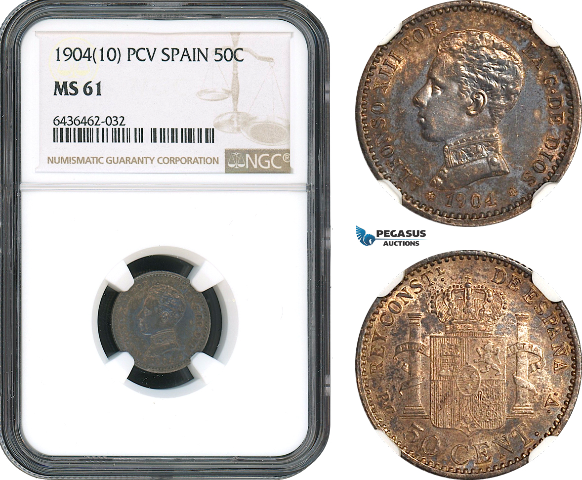 AH486, Spain, Alfonso XIII, 50 Centimos 1904 (10) PCV, Madrid Mint, Silver, NGC MS61