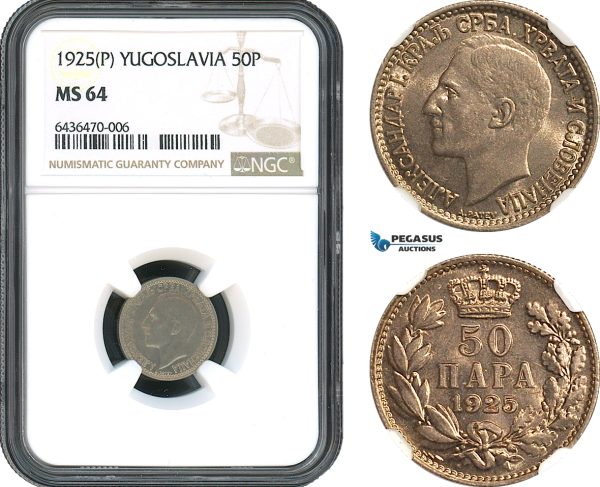 AH498, Yugoslavia, Alexander I, 50 Para 1925 P, Poissy Mint, NGC MS64