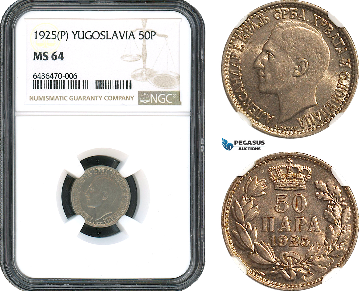 AH498, Yugoslavia, Alexander I, 50 Para 1925 P, Poissy Mint, NGC MS64