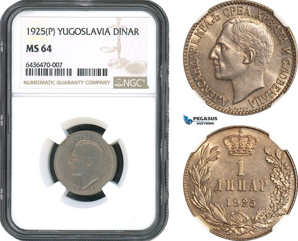 AH499, Yugoslavia, Alexander I, 1 Dinar 1925 P, Poissy Mint, NGC MS64