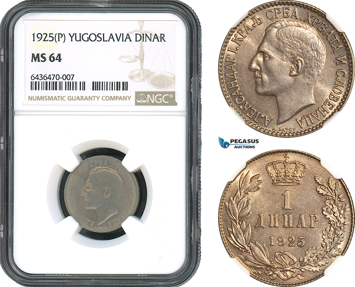 AH499, Yugoslavia, Alexander I, 1 Dinar 1925 P, Poissy Mint, NGC MS64