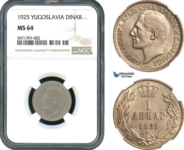 AH500, Yugoslavia, Alexander I, 1 Dinar 1925, Brussels Mint, NGC MS64