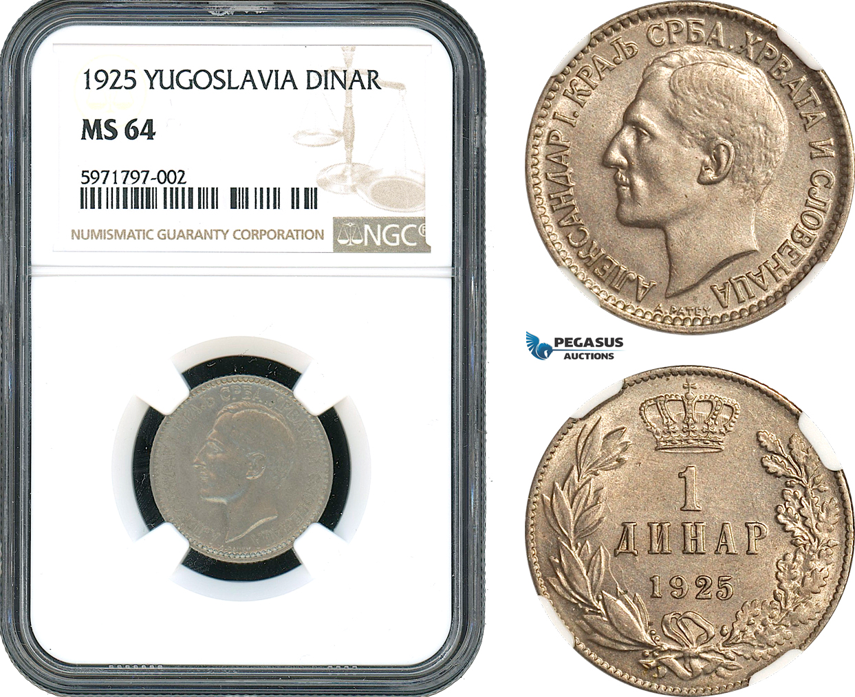 AH500, Yugoslavia, Alexander I, 1 Dinar 1925, Brussels Mint, NGC MS64