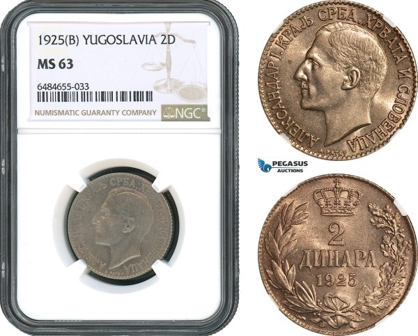 AH502, Yugoslavia, Alexander I, 2 Dinara 1925 B, Brussels Mint, NGC MS63