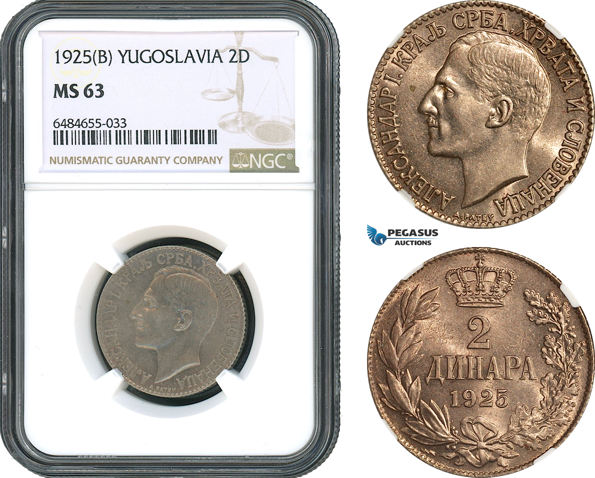 AH502, Yugoslavia, Alexander I, 2 Dinara 1925 B, Brussels Mint, NGC MS63