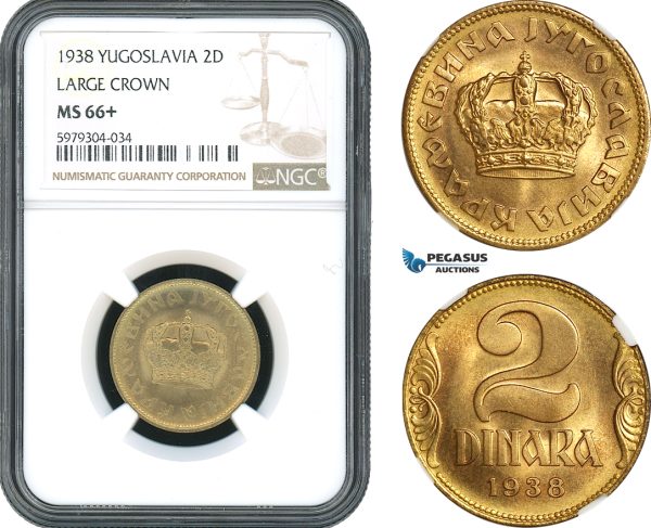 AH503, Yugoslavia, Peter II, 2 Dinara 1938, Large Crown, NGC MS66+