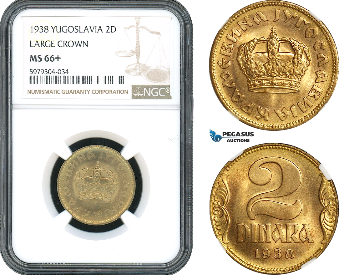 AH503, Yugoslavia, Peter II, 2 Dinara 1938, Large Crown, NGC MS66+