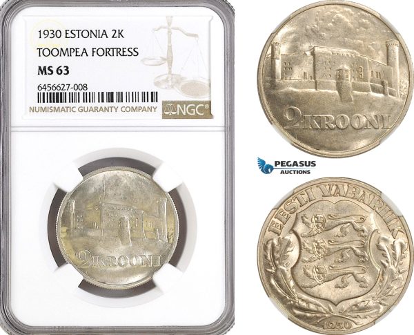 AH51, Estonia, 2 Krooni 1930 "Toompea Fortress" Silver, NGC MS63